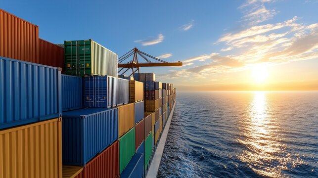 Container ship loading cargo at sunset ocean horizon maritime transport industrial setting aerial view global trade efficiency - Powered by Adobe
