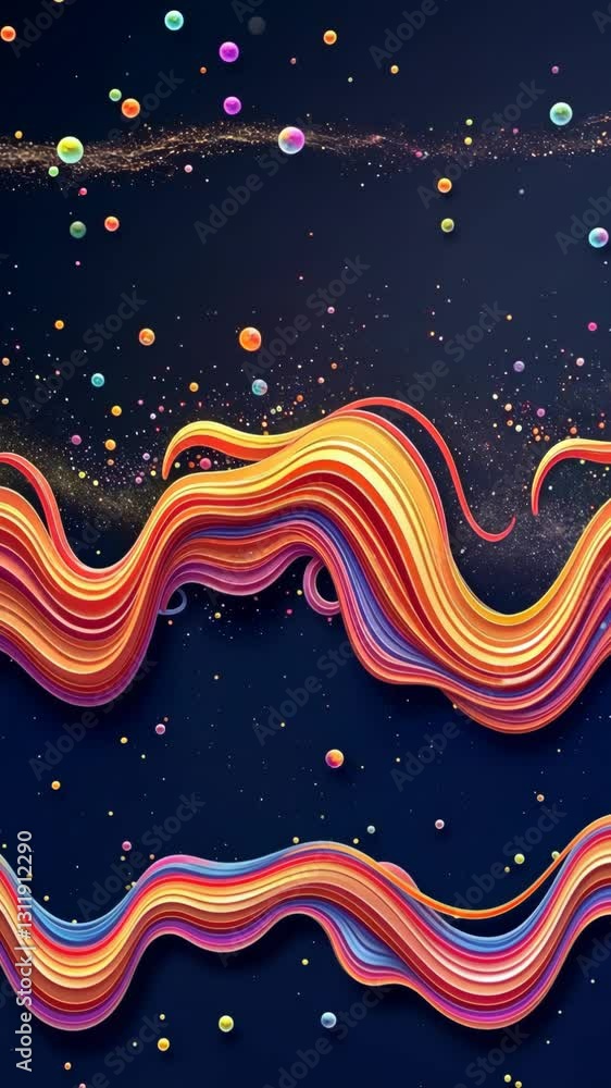 Aufkleber A colorful wave with many different colored balls. The balls are scattered throughout the wave. The wave is on a dark background