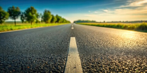 Naklejka premium Asphalt road stretching towards a sunlit horizon, lined with lush green trees and golden fields, a journey of endless possibilities awaits