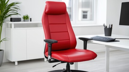 Fototapeta premium Red Leather Office Chair Modern Desk Workspace