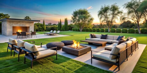 Serene Sunset Backyard Oasis Featuring Modern Outdoor Furniture and a Cozy Fire Pit