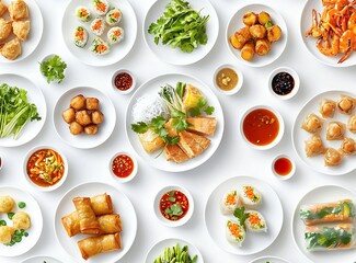 Delicious and Colorful Asian Cuisine Spread on White Plates : Generative AI