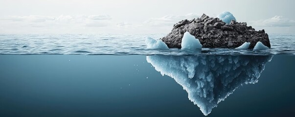 Iceberg melting idea. A stunning iceberg floating in tranquil waters, reflecting its beauty in the sea.