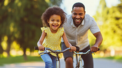 Obraz premium Father teaches daughter how to ride bicycle in sunny park surrounded by trees