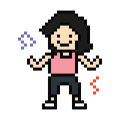 Fototapeta premium Cartoon pixel character cute woman exercises training dance lifestyle music decoration life style 8 bit female girl dance with music game 8bit fitness isolated PNG vector.