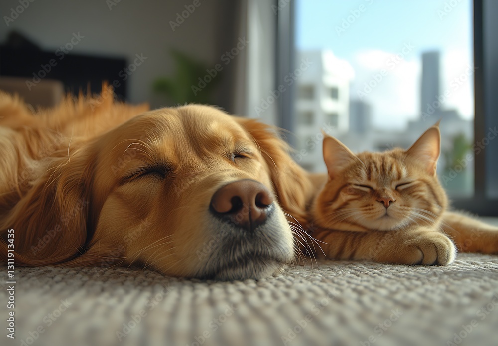 Poster golden retriever and ginger cat sleeping soundly in stylish interior with soft lighting : generative
