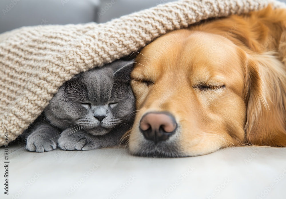 Poster golden retriever and grey cat snuggled under warm blanket napping together : generative ai
