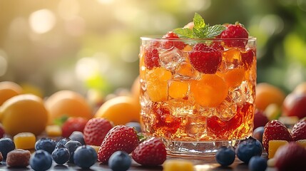 Bright fruity punch in a glass bowl surrounded by colorful sweets on a lively summer table setting