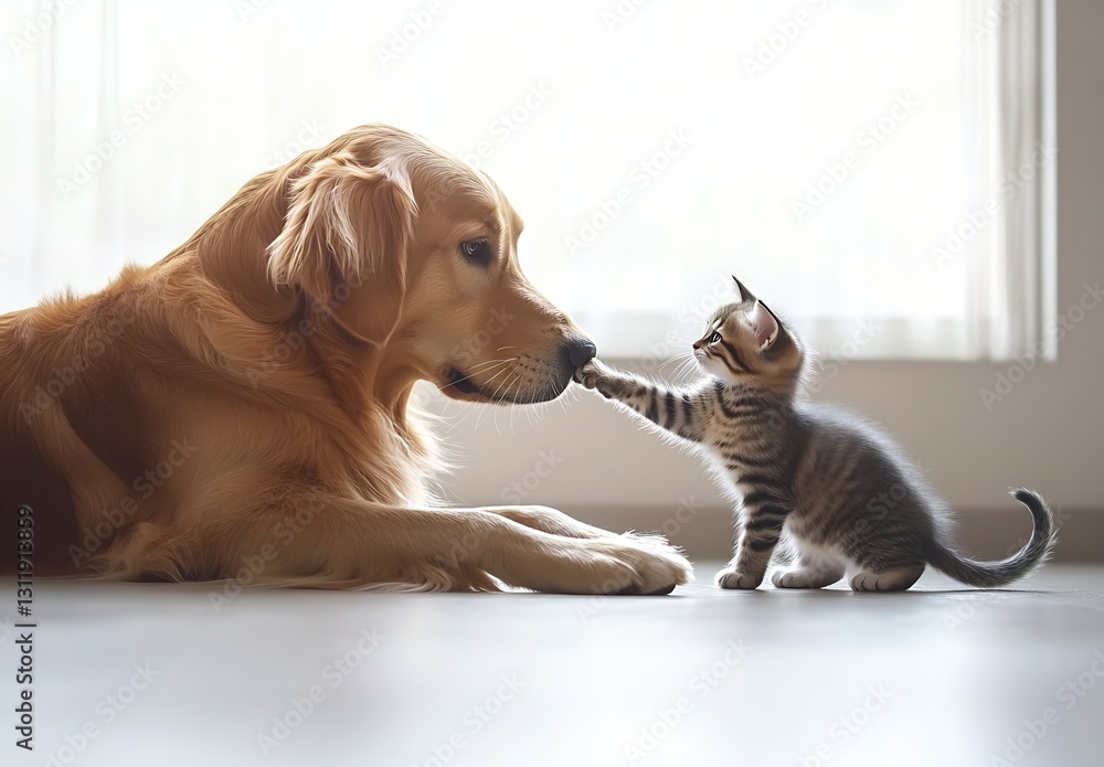 Poster curious tabby kitten playfully touching golden retriever's nose in a cozy indoor setting : generativ