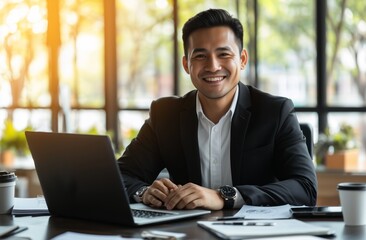 Fototapeta premium Asian businessman smiling in a modern office looking at camera