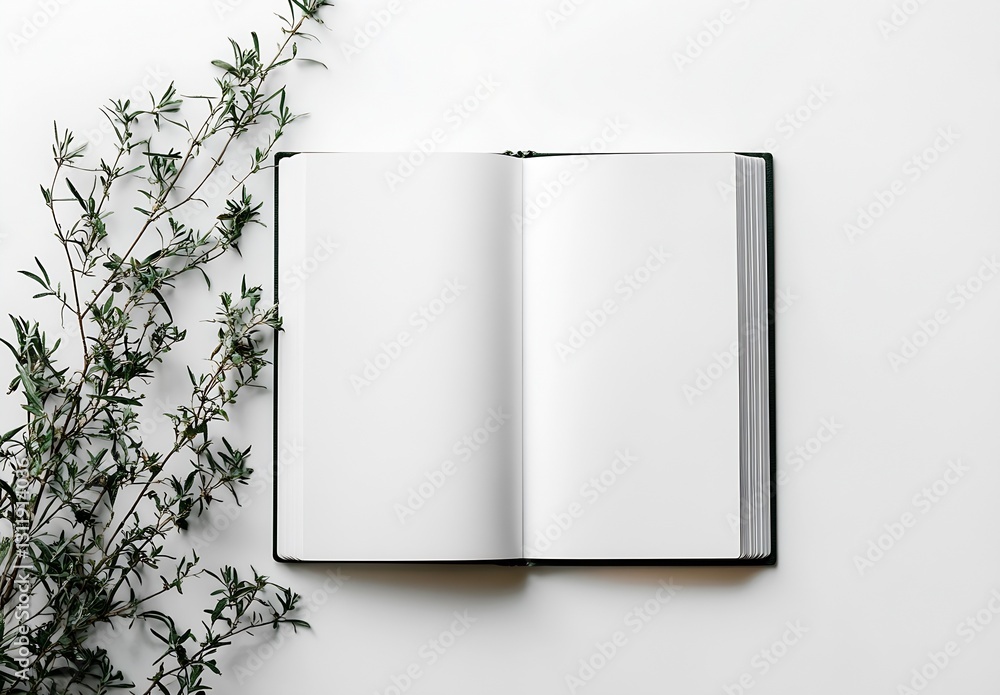 Leinwandbilder open blank notebook with greenery on white background for minimalist aesthetic : generative ai