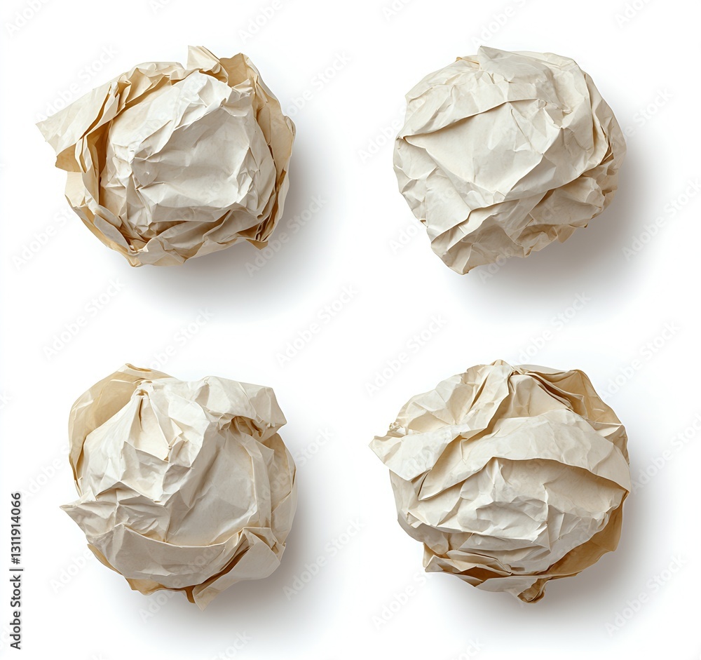 Aufkleber crumpled brown and white paper balls in a creative arrangement on white background : generative ai
