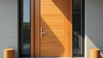 Modern wooden front door with a flat glass panel and minimalist frame, functional architecture, modern architecture