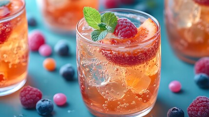 Summer drinks with fresh fruit garnishes and pastel-colored candies scattered across a festive table