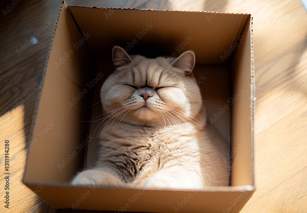 Poster content beige cat relaxing in a cardboard box basking in sunlight with eyes closed : generative ai