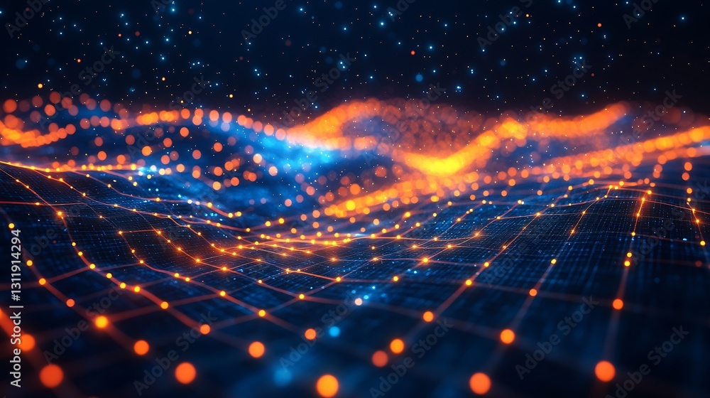 Fototapete Digital landscape with intricate glowing particles and grids depicting technology and data visualization : Generative AI