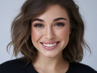 Naklejka premium Smiling young woman with wavy brown hair and natural makeup on a light background.