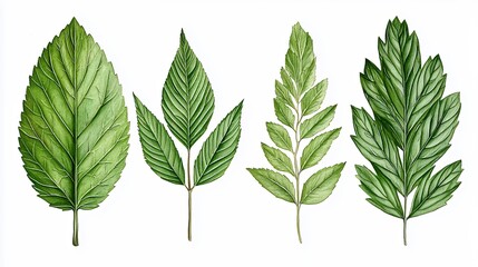 Four Watercolor Green Leaves on White Background