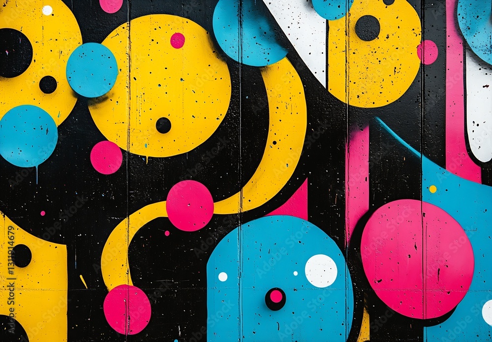 Poster Dynamic colorful circles and dots on a black graffiti wall with artistic layers : Generative AI