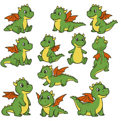 Fototapeta premium Cute cartoon dragon character with different poses. Set of dragons isolated on white background. Multilayer SVG file without gaps between paths.