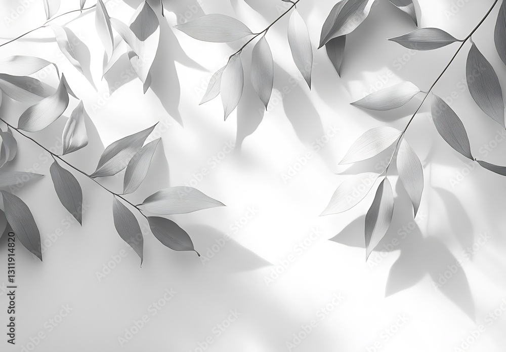 Fototapete stylized black and white image of leaves projecting shadows on a light background : generative ai