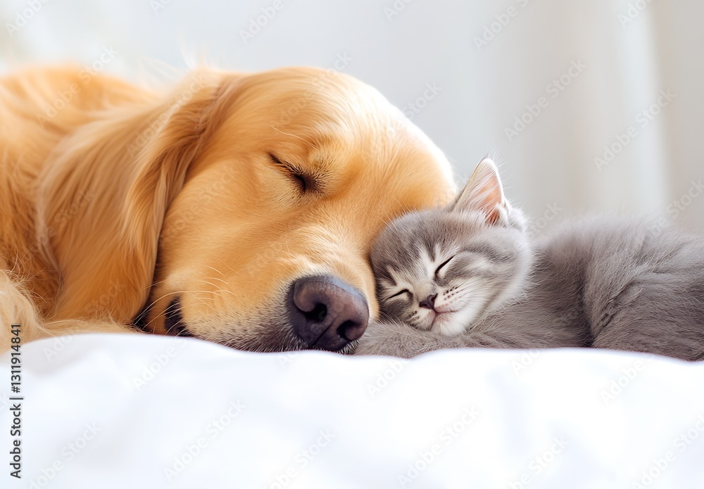 Poster adorable dog and cat snuggling together in cozy home setting showing friendship and warmth : generat