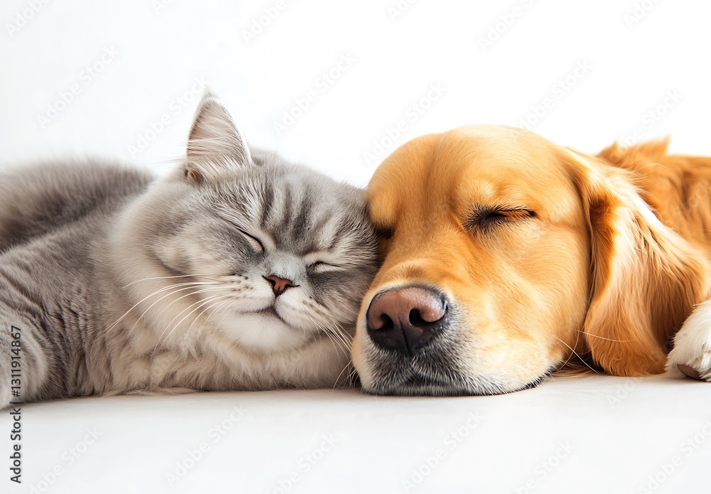 Poster fluffy cat and dog snuggled together in a relaxing moment at home : generative ai