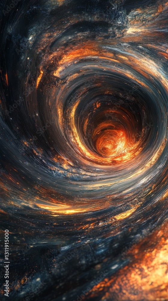 Poster a visually striking cosmic vortex with molten fiery textures, glowing orange and black elements, cre