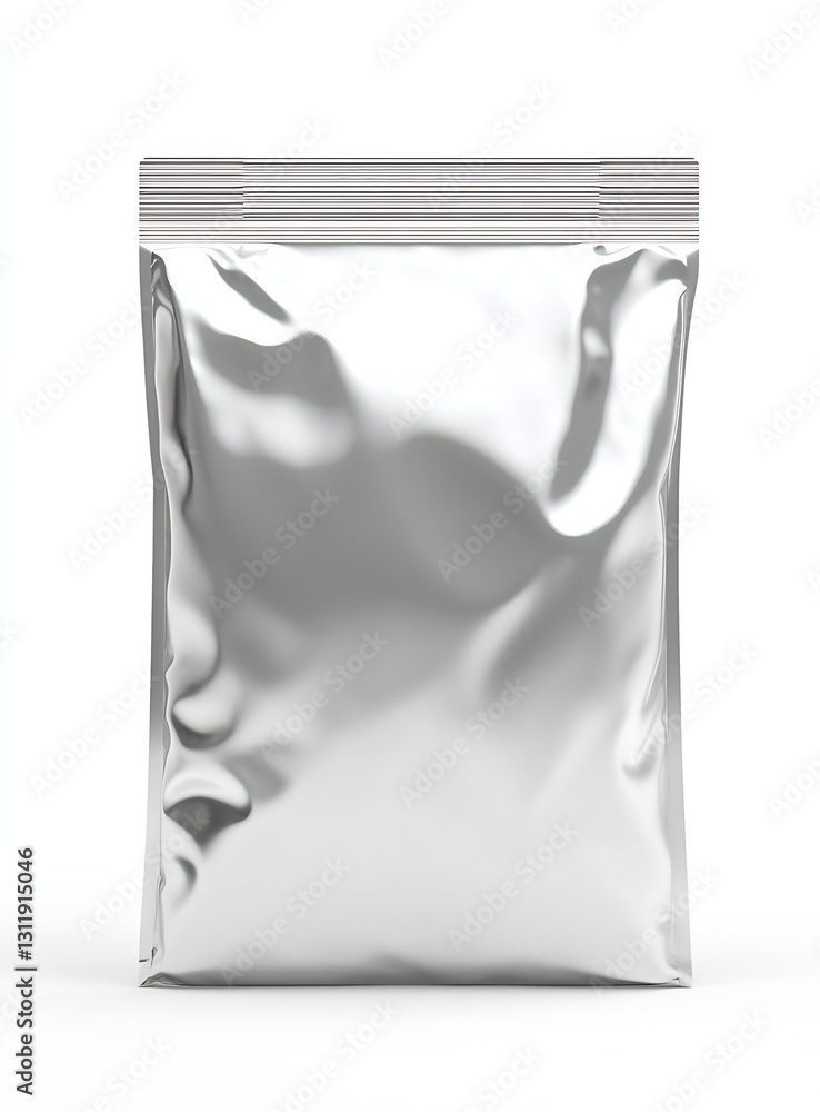 Poster shiny silver packaging bag isolated on white background for creative design and product branding : g