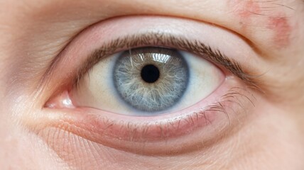 Close-up of a human eye with blue iris and detailed texture, showcasing intricate patterns and colors.