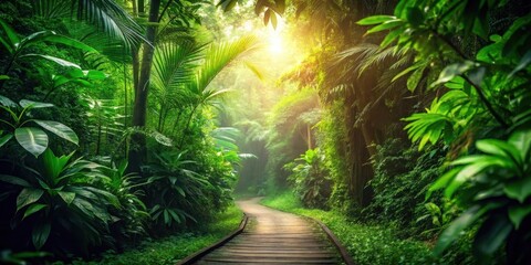 Serene Jungle Path Sunlight Dappled Wooden Walkway Winding Through Lush Tropical Foliage