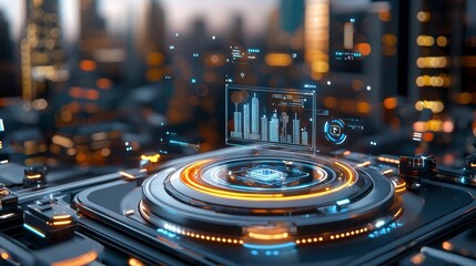 Futuristic urban data visualization technology concept modern cityscape digital interface high-tech environment aerial view innovation in smart cities