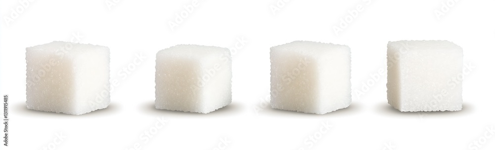 Poster four sugar cubes lined up perfectly on a plain background emphasizing sweetness and culinary uses : 