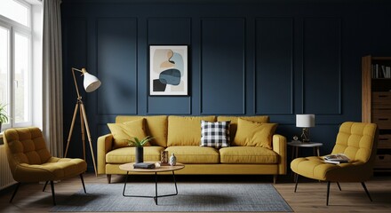 Living Room with Yellow Sofa and Armchairs Against Dark Blue Wall