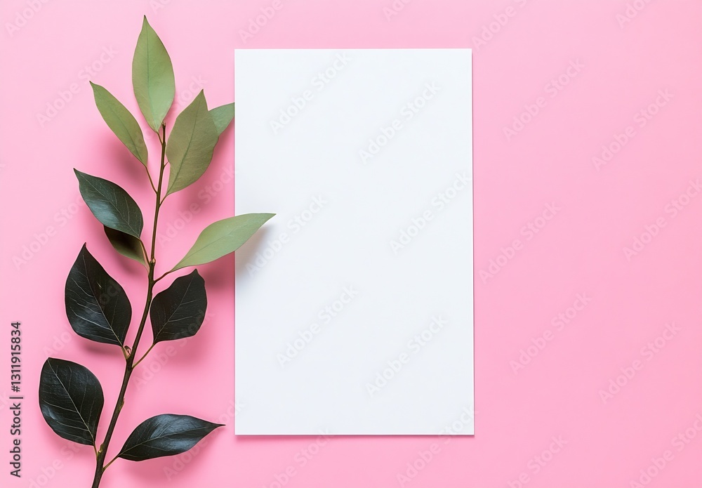 Poster minimalist layout of blank paper and greenery against a bright pink background : generative ai