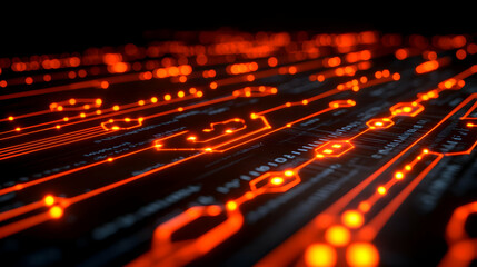 Abstract Orange Circuit Board Glowing Lines Dark Background