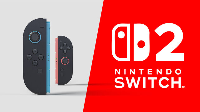 Agua Boa, Minas Gerais, Brazil - January 31, 2025 - two nintendo switch 2 controllers standing on the set, with red half and logo