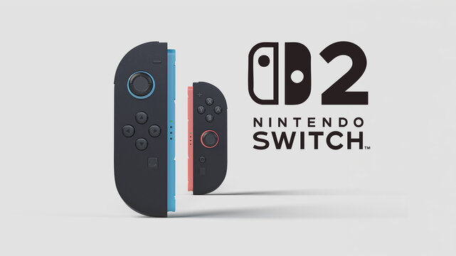 Agua Boa, Minas Gerais, Brazil - January 31, 2025 - two nintendo switch 2 controllers standing on the set, with a logo in the background