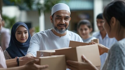 Muslim volunteers spreading kindness: Distributing aid to families in need with warmth and compassion