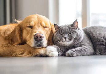 Golden Retriever and Grey Cat Snuggling Together in Bright Indoor Space : Generative AI