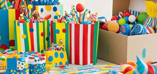 Colorful Candy Display in Bright Striped Boxes and Party Favors