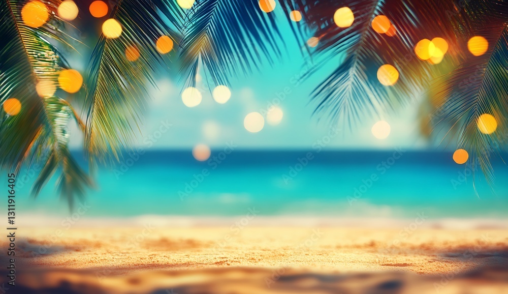 Poster Tropical beach view with palm leaves and bokeh lights creating a tranquil and inviting atmosphere : Generative AI