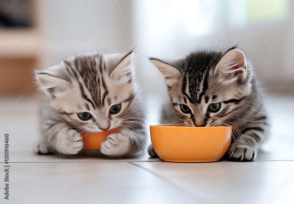 Poster two fluffy kittens mesmerized by orange bowls filled with food creating an endearing imagery : gener