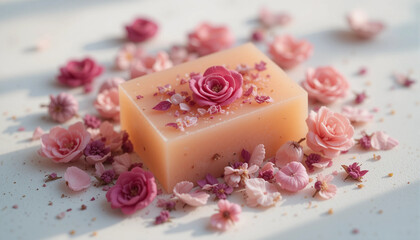 Elegant handmade soap surrounded by delicate pink flowers and petals