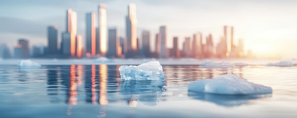 Iceberg melting idea. A serene image of ice floating in water with a city skyline in the background.