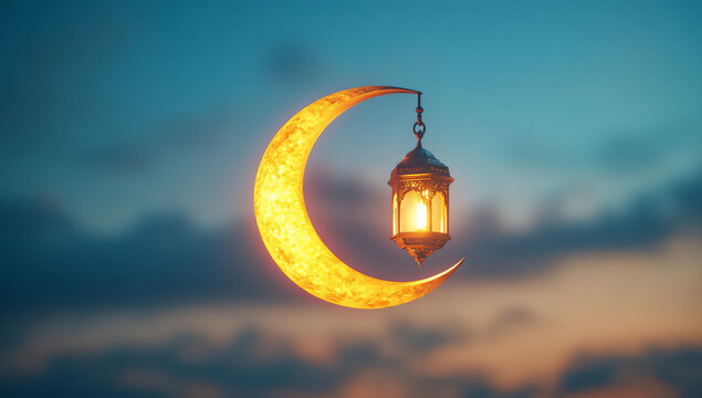 3d rendering of a crescent moon and lantern hanging in the sky with a clou