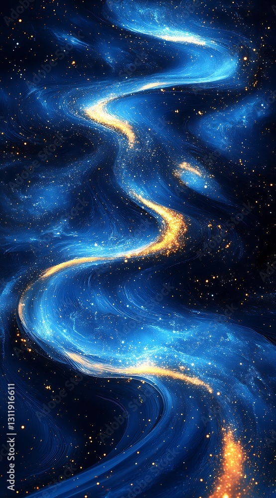 Poster graceful flow of cosmic blue light and golden stars creating a beautiful river in a space landscape 