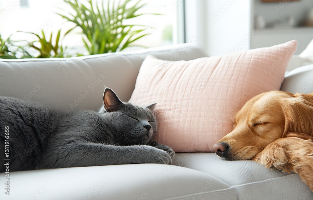 Poster A serene interaction of a dog and a cat sleeping side by side on a comfy sofa with a cushion : Generative AI