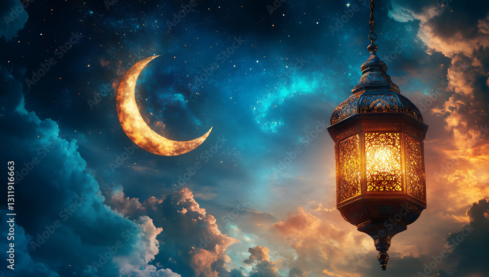 Poster 3d rendering of a crescent moon and lantern hanging in the sky with a clou