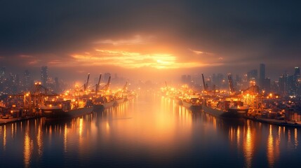 Industrial port operations at dawn urban waterfront aerial view vibrant cityscape reflections modern infrastructure maritime activities